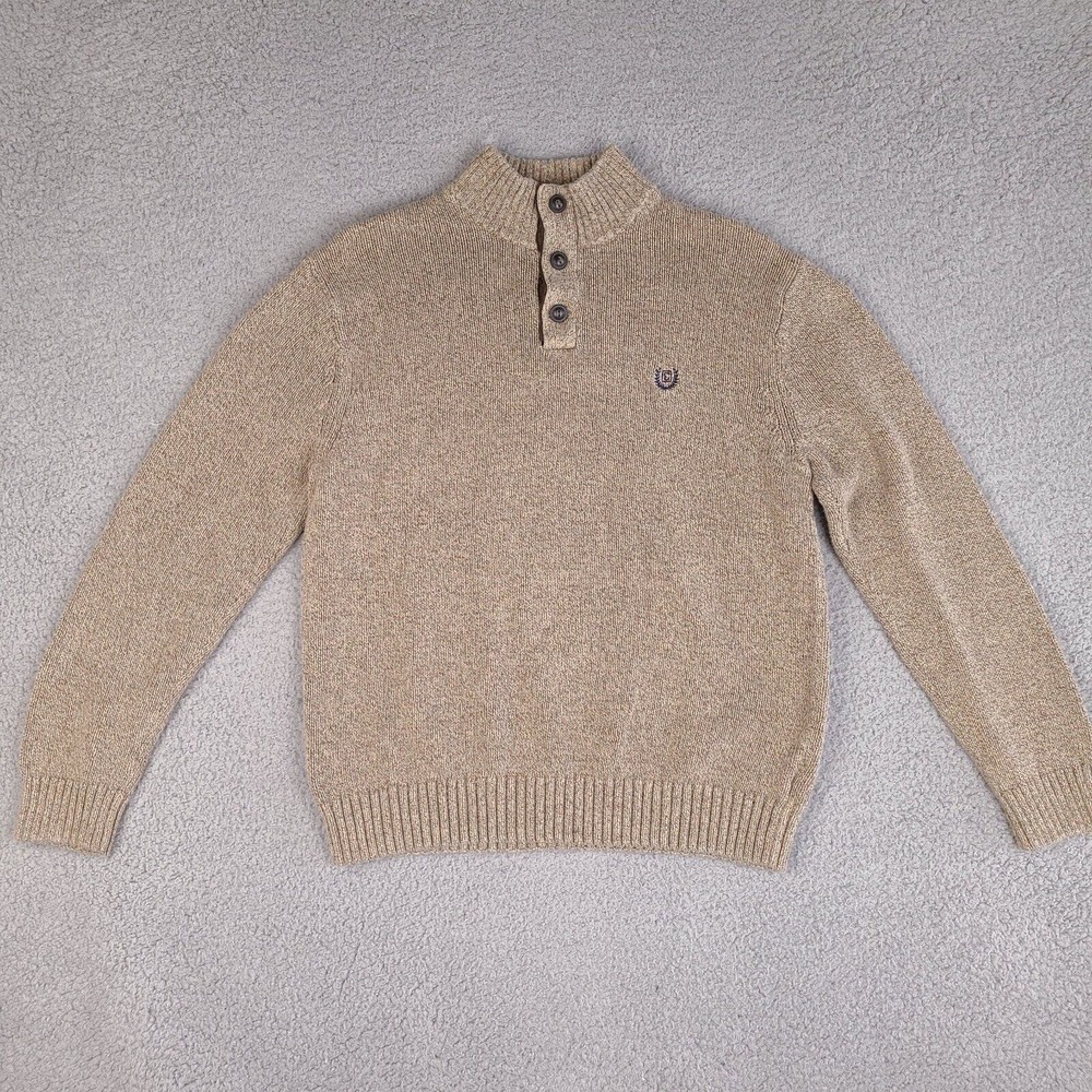 Chaps Sweater Mens Large Brown Mock Neck 1/4 Button Cotton Pullover
